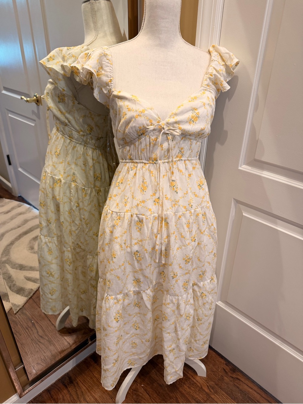 White & Yellow Floral Ruffle Midi Dress